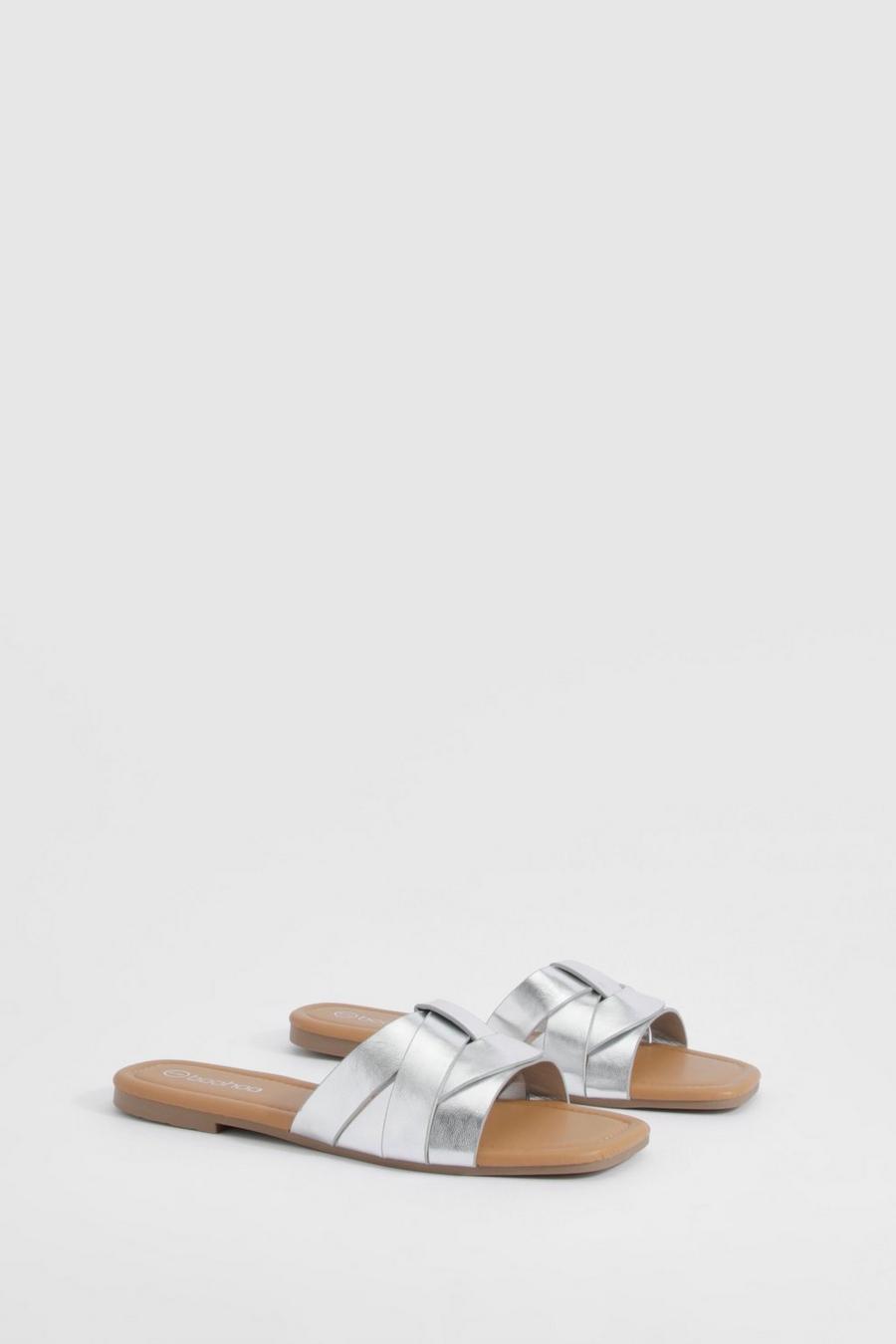 Silver Metallic Woven Basic Mule Sandals  