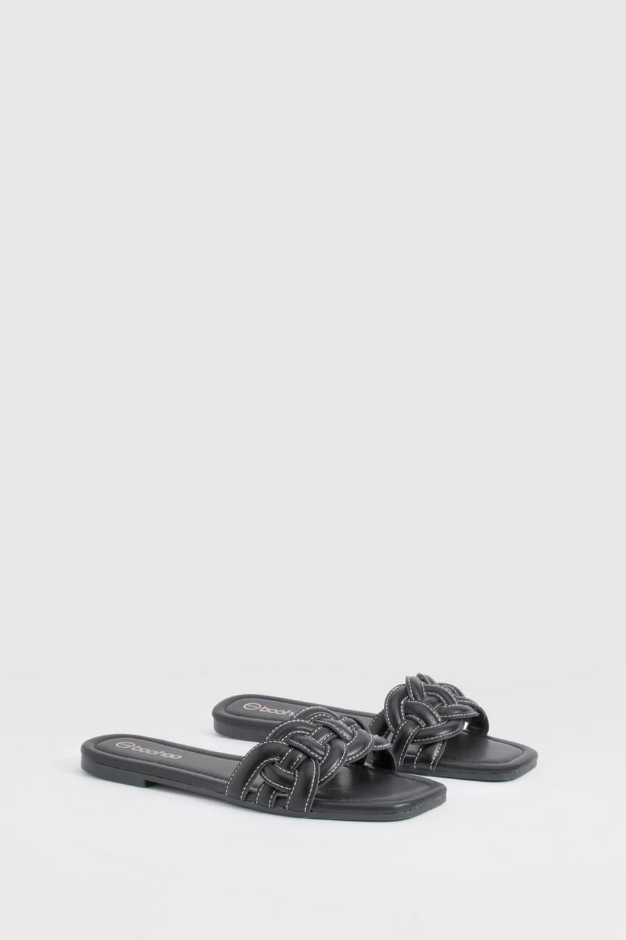 Black Contrast Stitch Loop Detail Mule Sandals