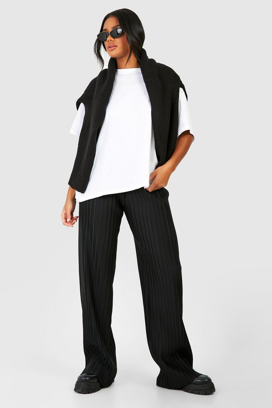 Black Plisse Crepe Drawcord Full Length Pants
