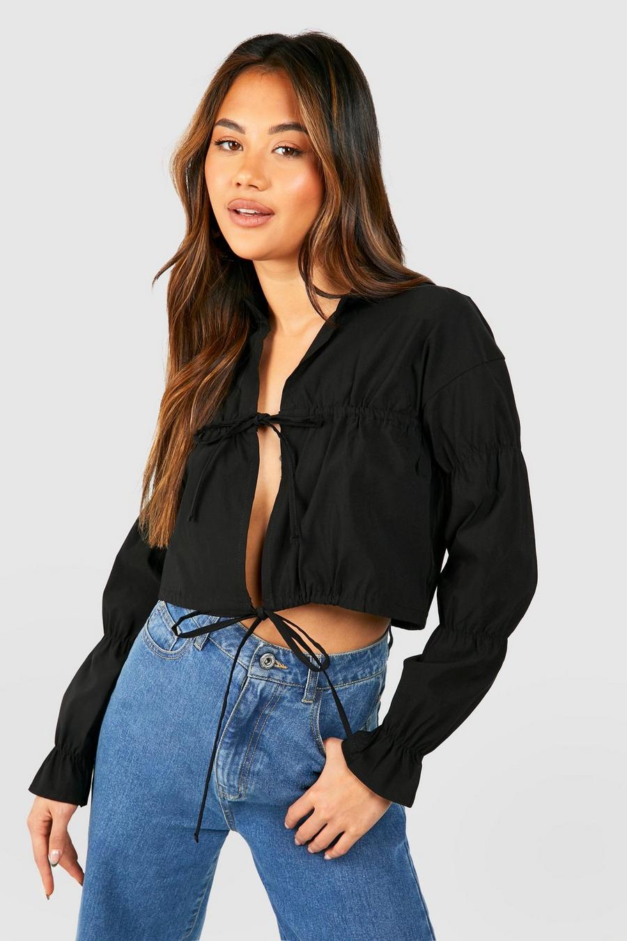 Black Ruched Sleeve Tie Detail Cropped Shirt 