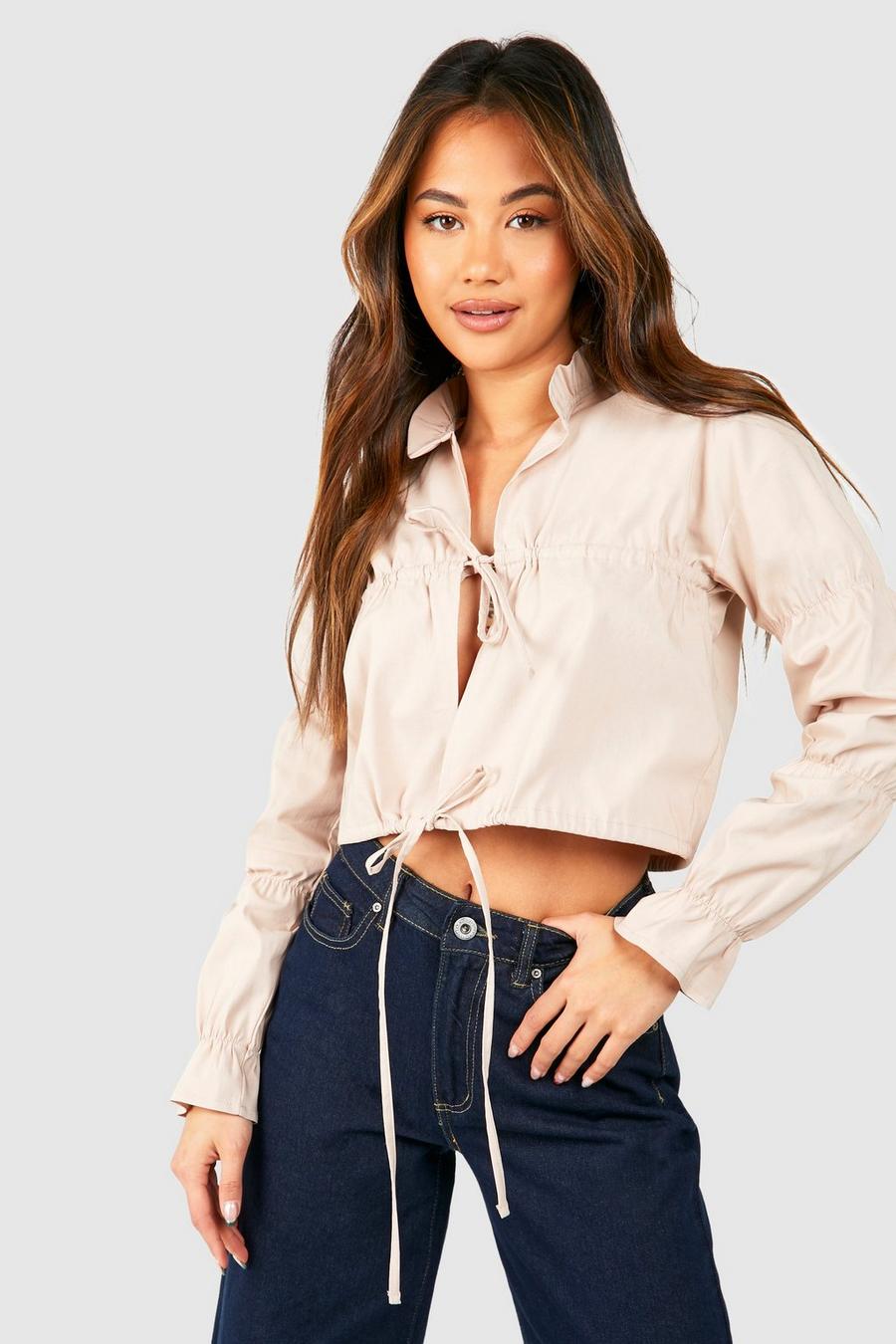 Stone Ruched Sleeve Tie Detail Cropped Shirt 