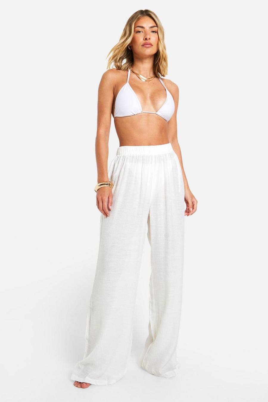 White Textured Wide Leg Beach Pants image number 1
