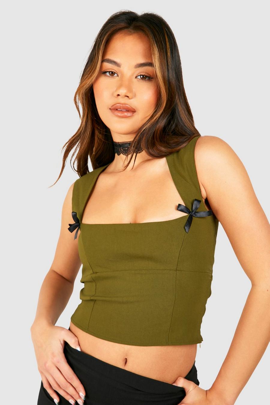 Khaki Bengaline Bow Detail Corset 