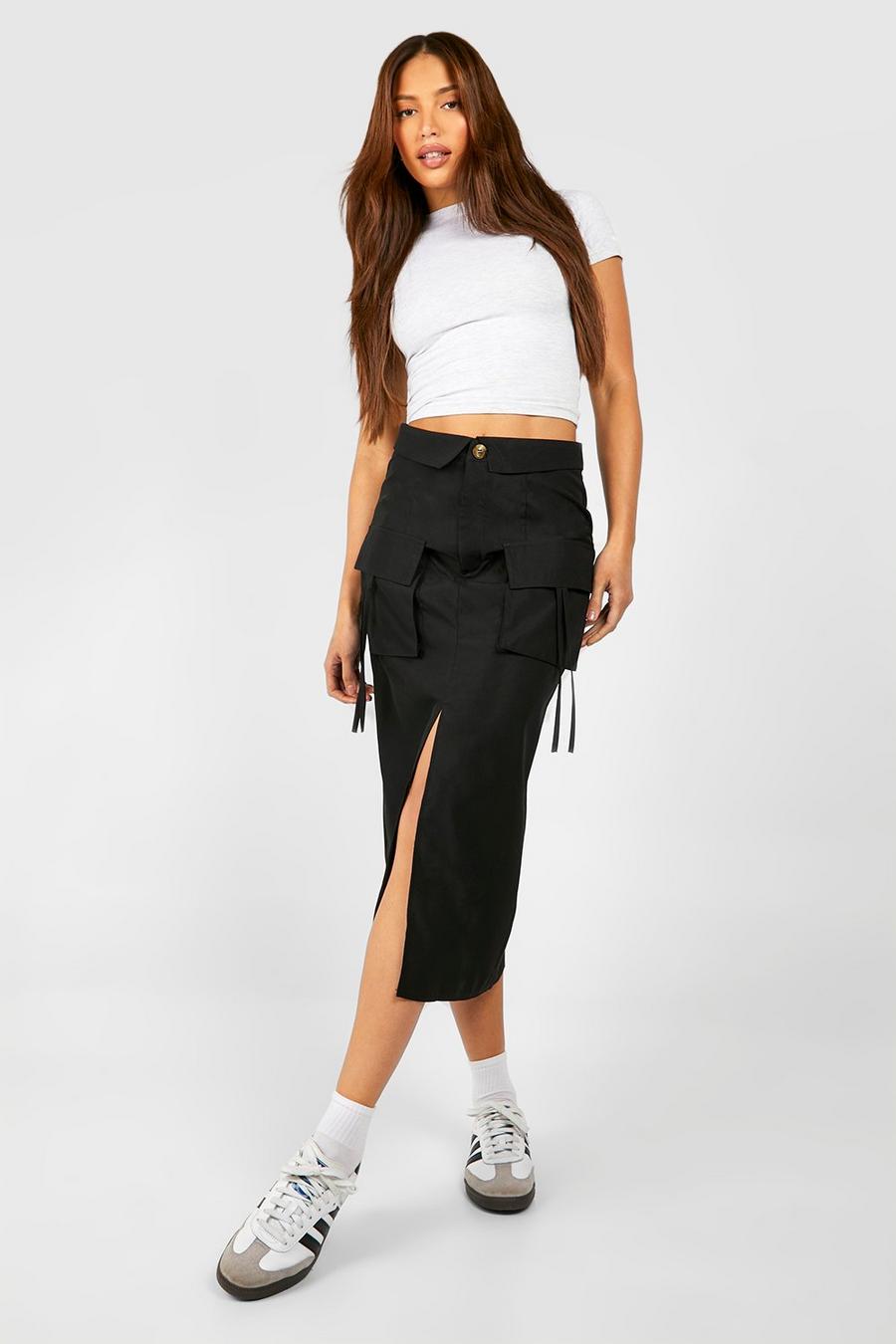 Black Tall Woven Pocket Detail Midi Skirt