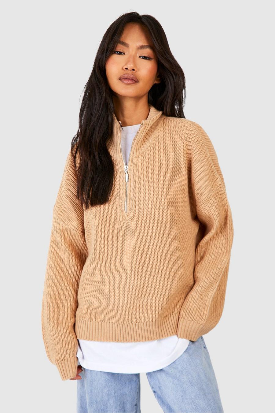 Biscuit Knitted Zip Neck Sweater