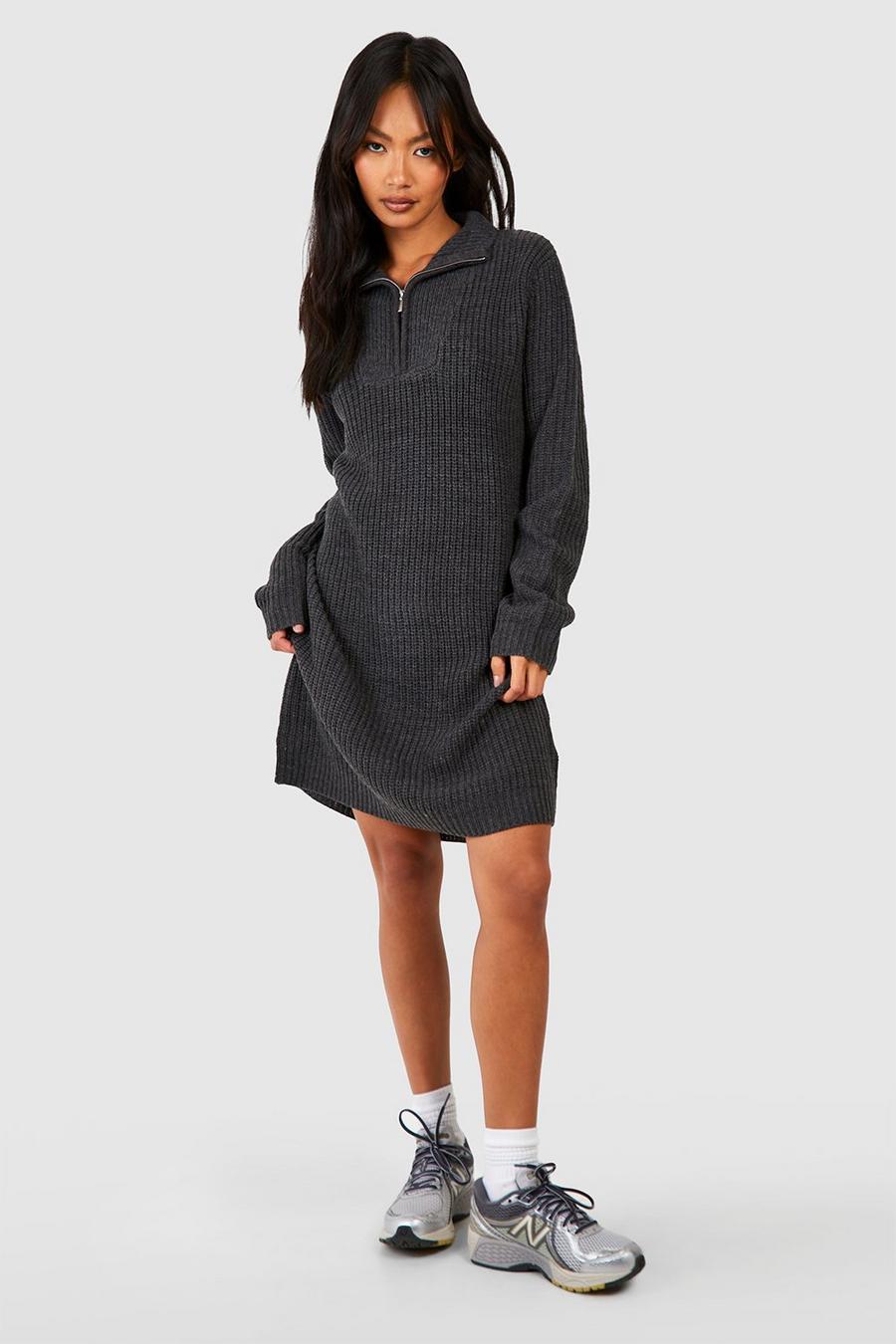 Charcoal Zip Neck Knitted Mini Sweater Dress
