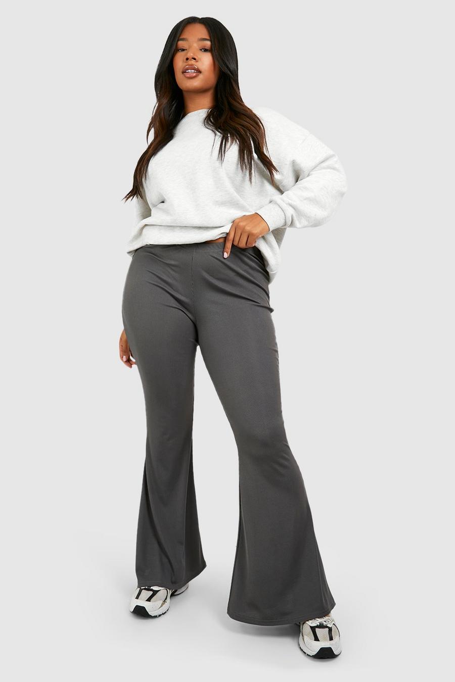 Pantaloni a zampa Plus Size Basic a coste, Charcoal