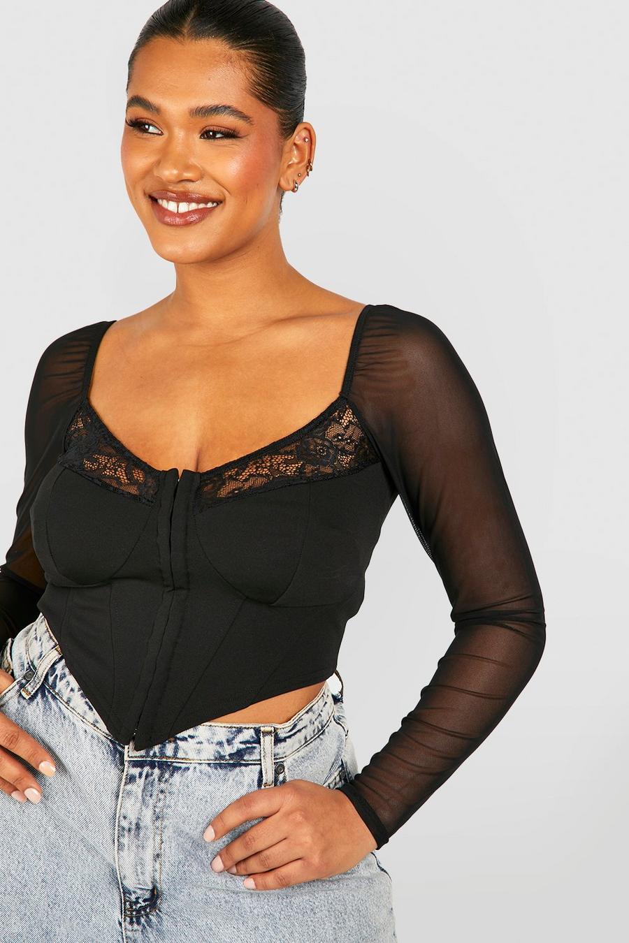 Black Plus Mesh And Lace Hook And Eye Corset Top