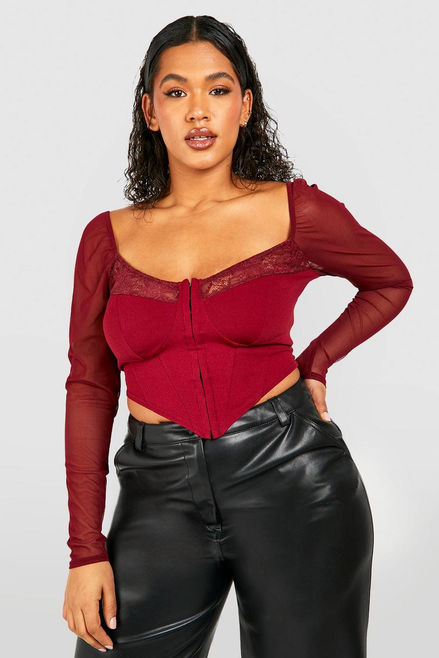Merlot Plus Mesh And Lace Hook And Eye Corset Top