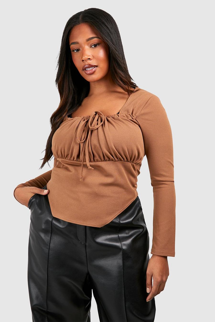 Taupe Plus Tie Front Long Sleeve Corset Top