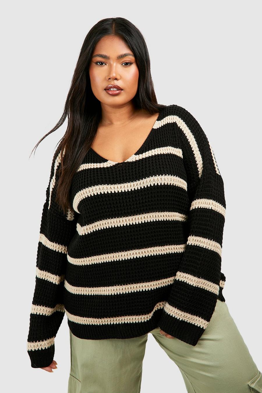 Black Plus Chunky Oversized Stripe V Neck Sweater