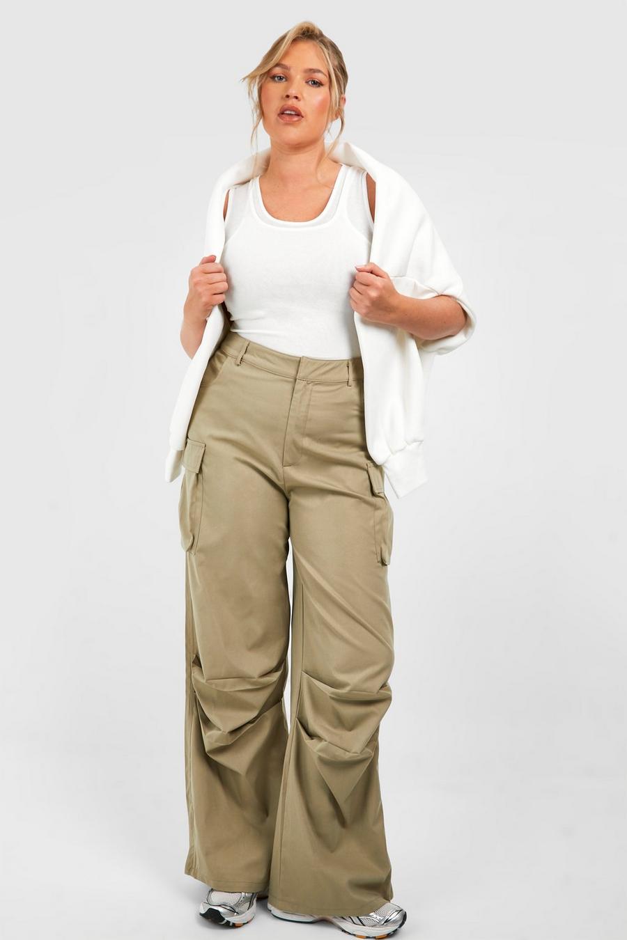 Washed khaki Plus Ruched Detail Cargo Trouser image number 1