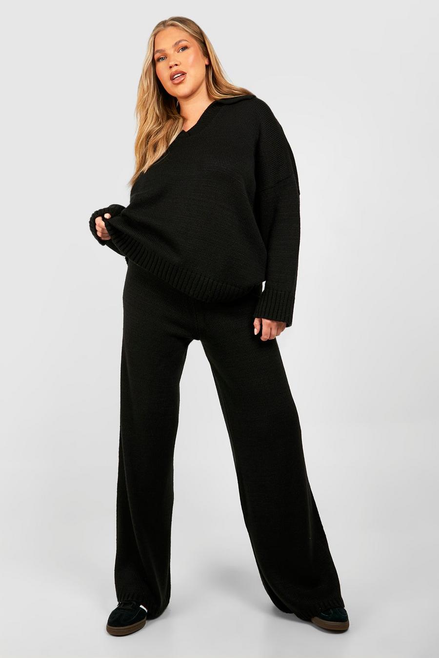 Set Plus Size maglione con colletto & pantaloni a gamba ampia, Black