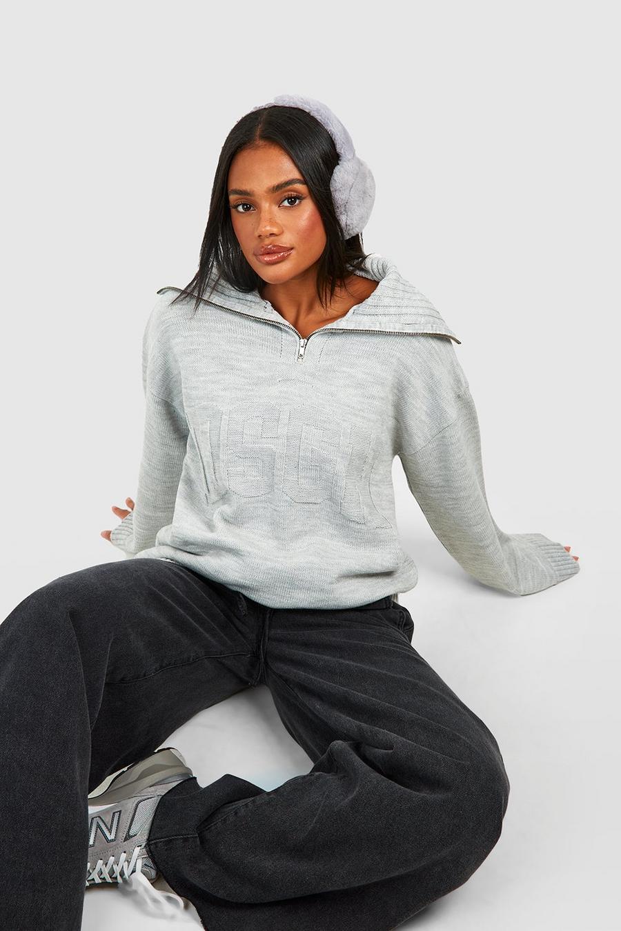 Grey Dsgn Reverse Print Oversized Zip Neck Sweater