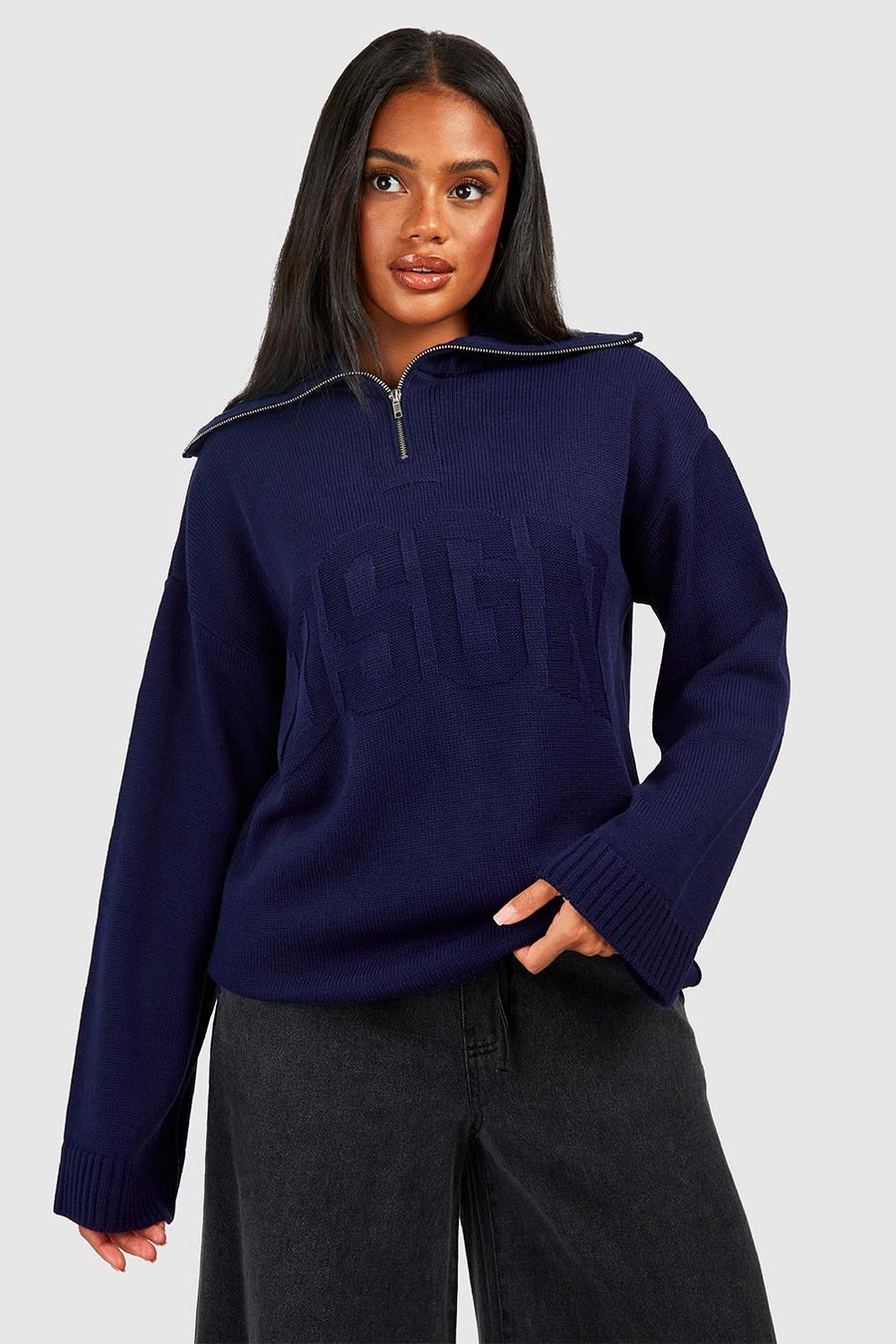 Oversize Pullover mit Dsgn Print und Reißverschluss, Navy