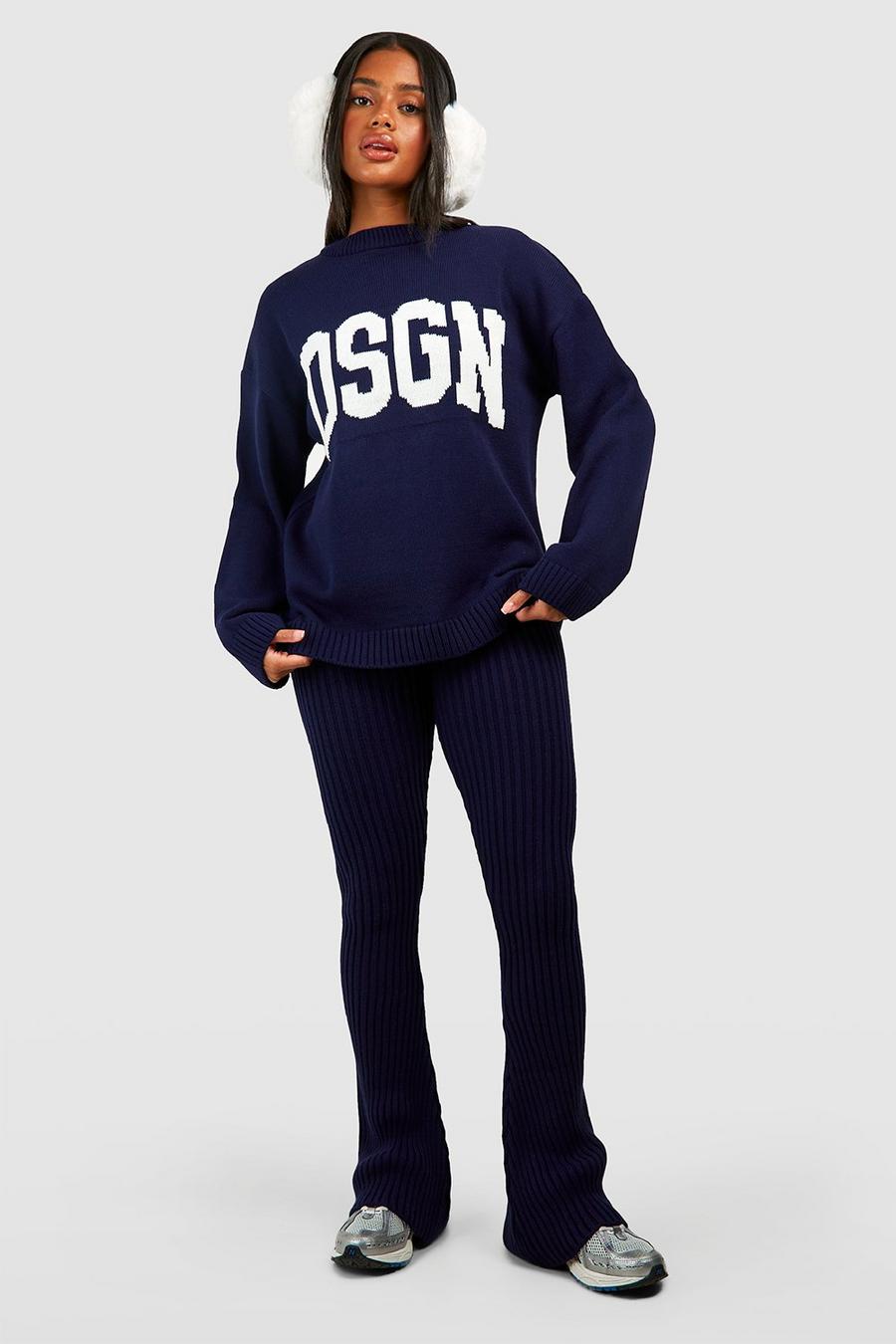 Navy Dsgn Crew Neck Knitted Sweater And Flare Legging Set