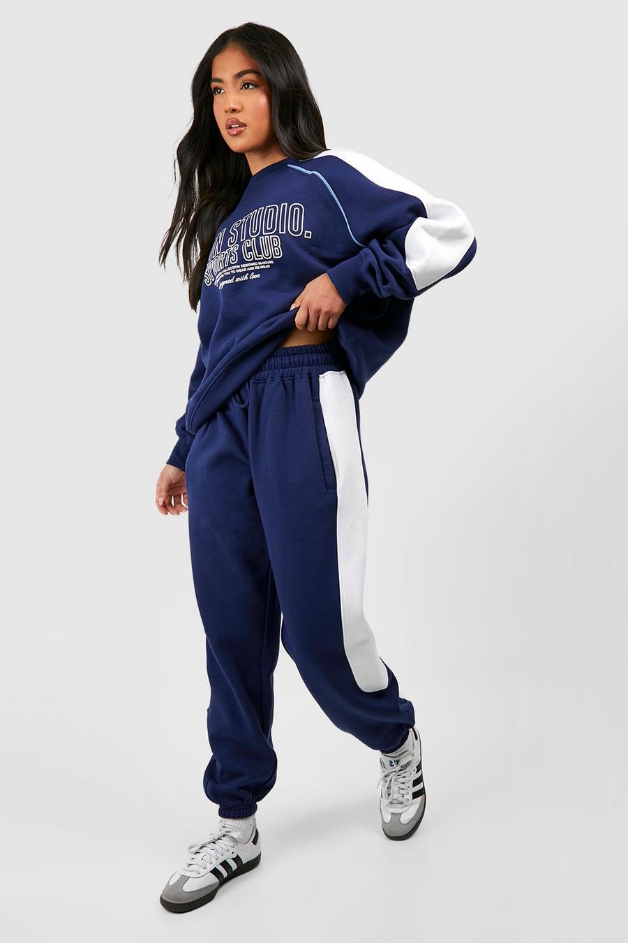 Navy Petite Panelled Detail Cuffed Track Pants