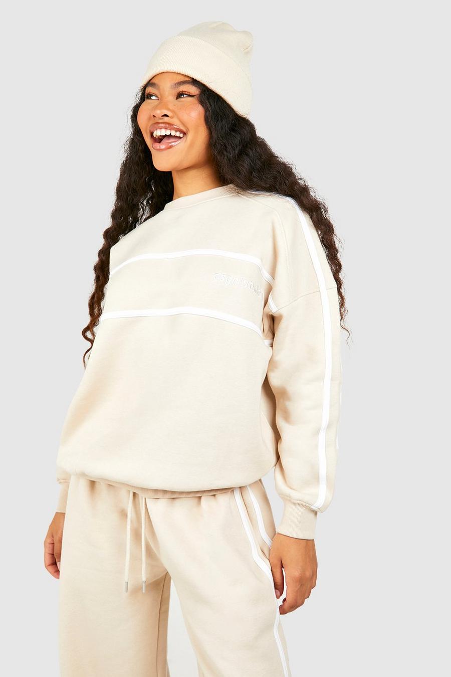 Stone Petite Stripe Detail Embroidered Oversized Sweatshirt