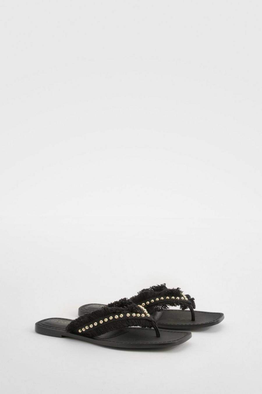 Black Embroidered Stud Flip Flop Sandals