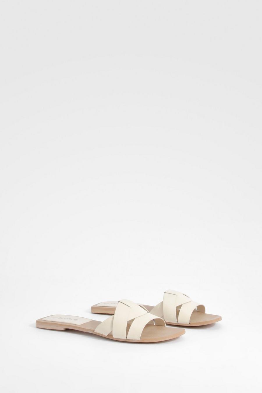 Cream Woven Leather Mule Sandals 
