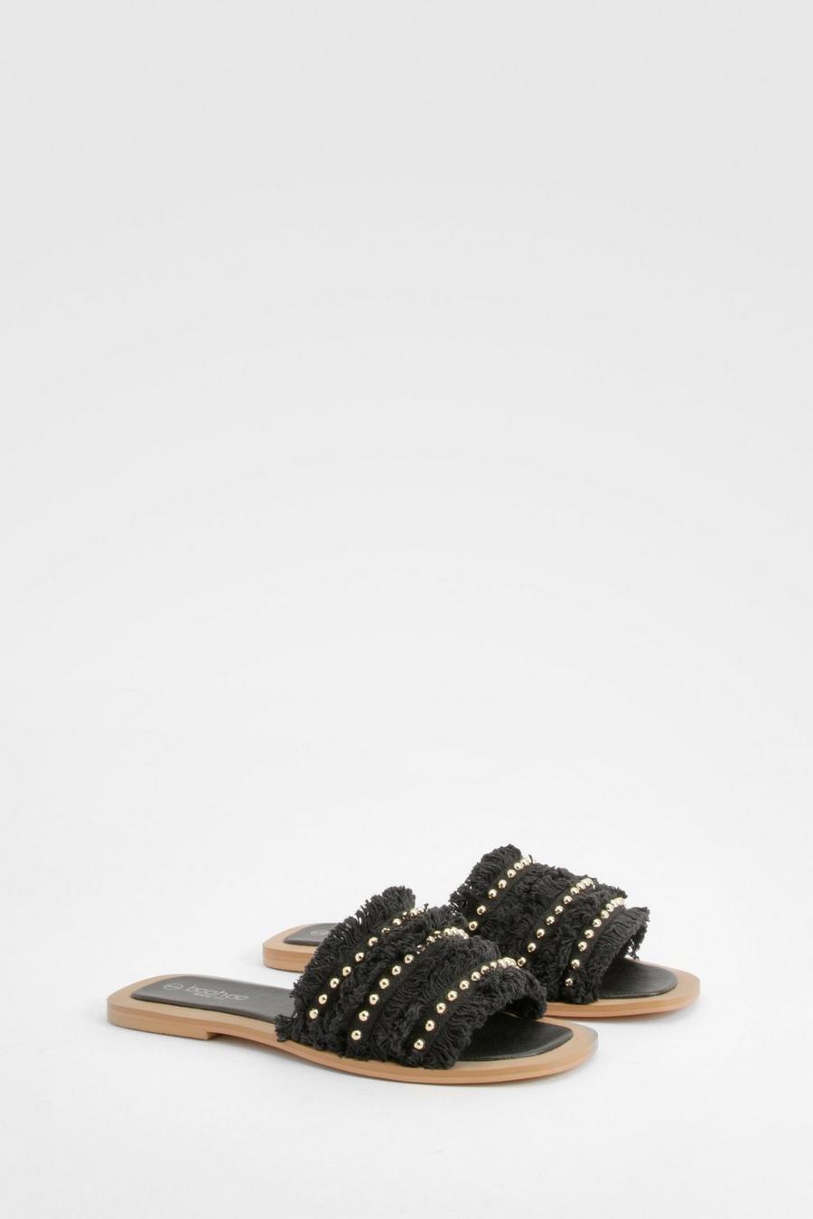 Black Wide Fit Woven Studded Holiday Sandals