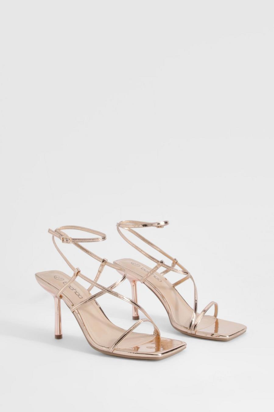 Rose gold Metallic Square Toe Strappy Mid Height Heels