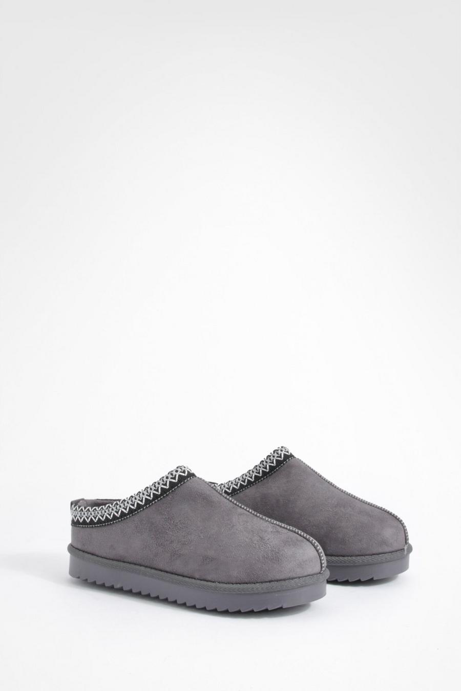 Dark grey Embroidered  Slip On Cosy Mules     