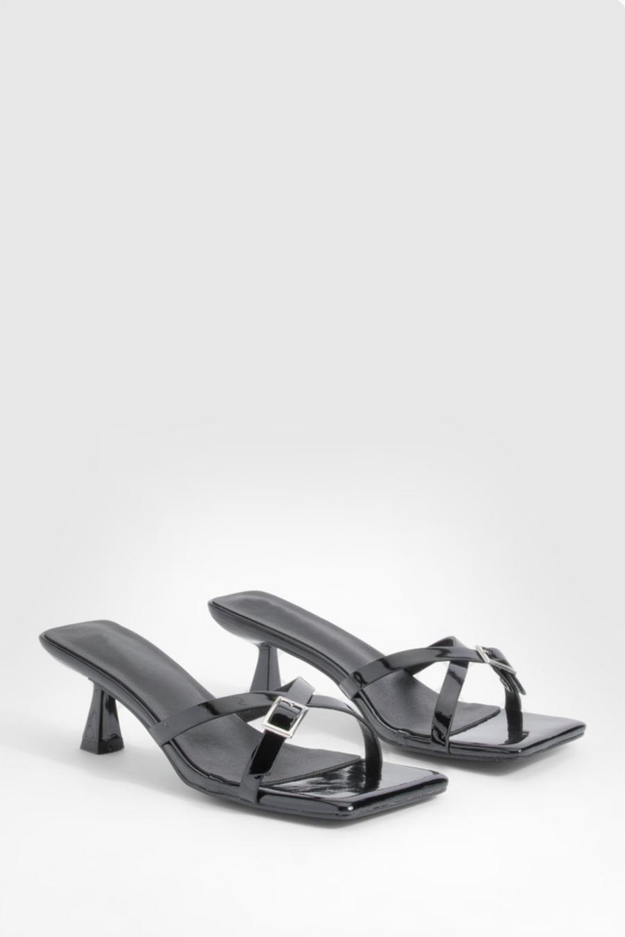 Black Patent Square Toe Buckle Detail Low Heeled Mules image number 1