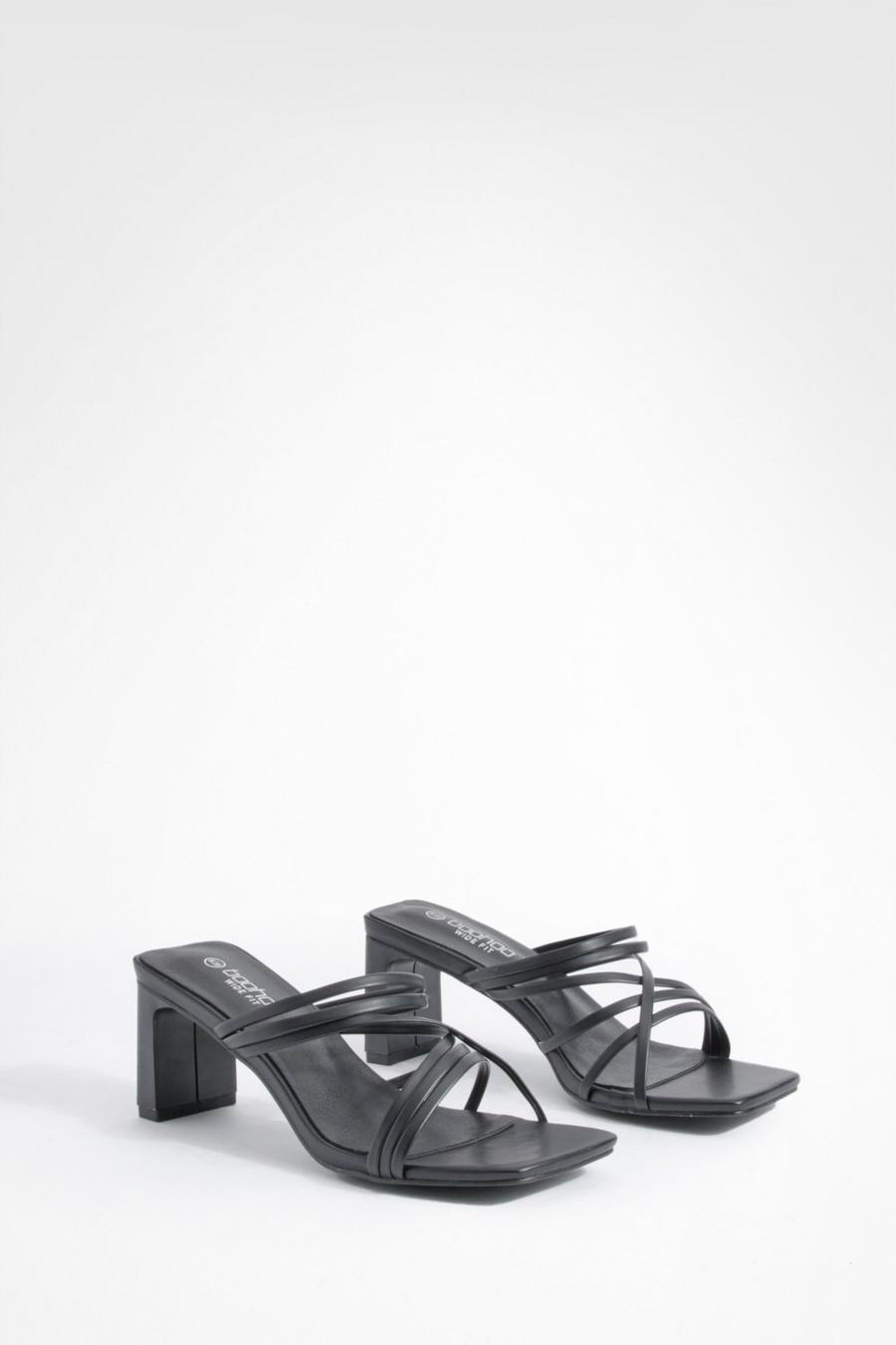 Black Wide Width Strappy Low Block Heeled Mules