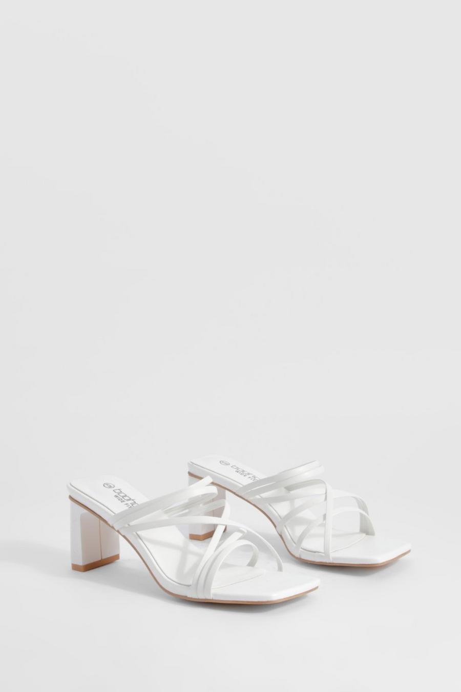 White Wide Width Strappy Low Block Heeled Mules