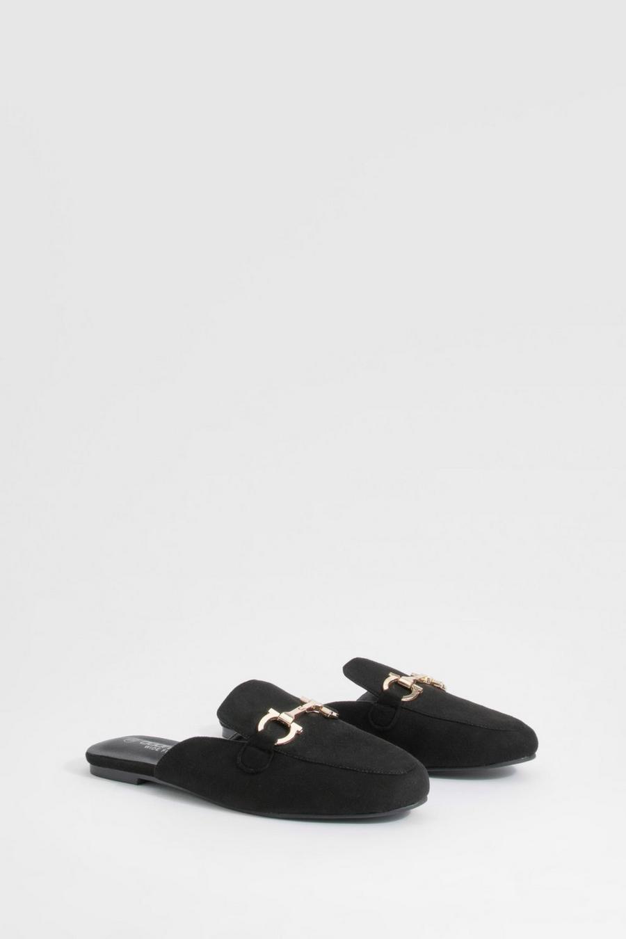 Black Wide Fit T Bar Backless Loafers