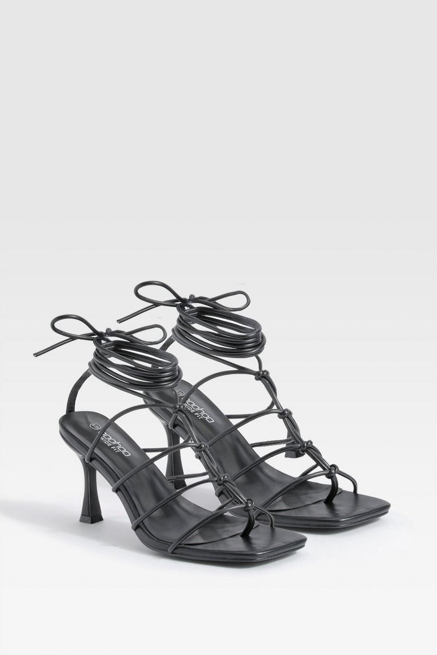 Black Wide Fit Knotted Detail Wrap Up Heels