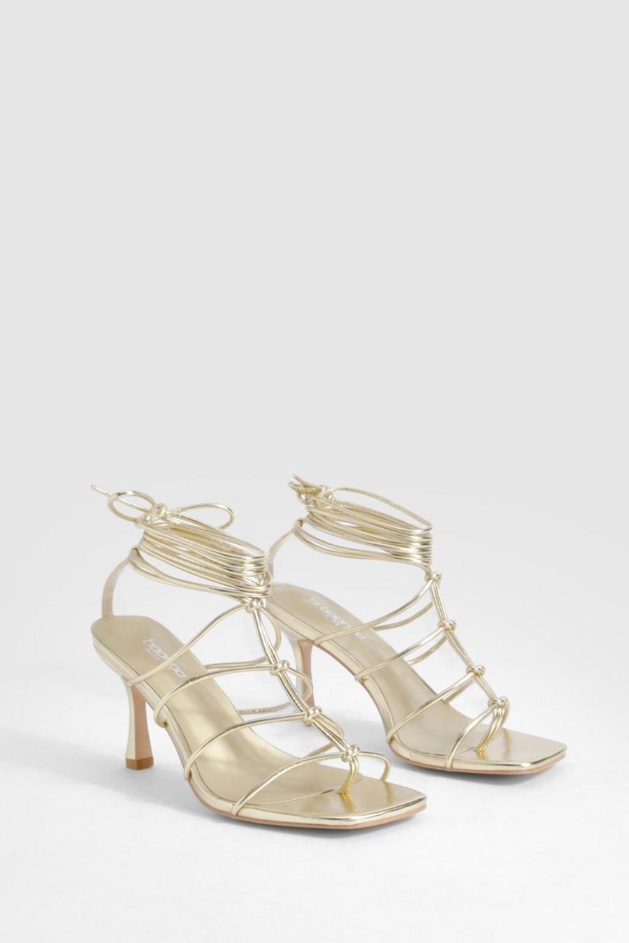 Gold Wide Fit Knotted Detail Wrap Up Heels image number 1