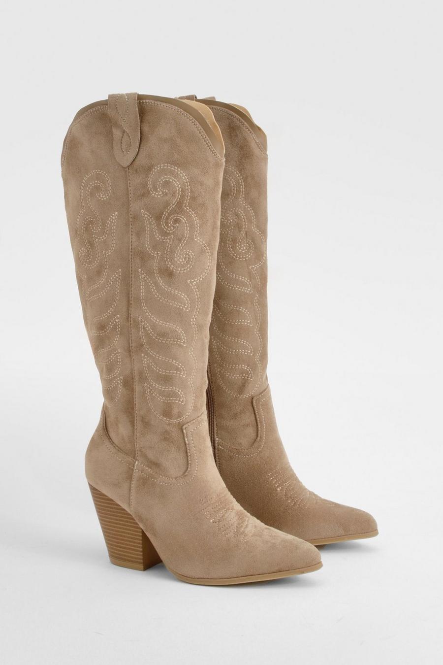 Taupe Embroidered Knee High Western Cowboy Boots