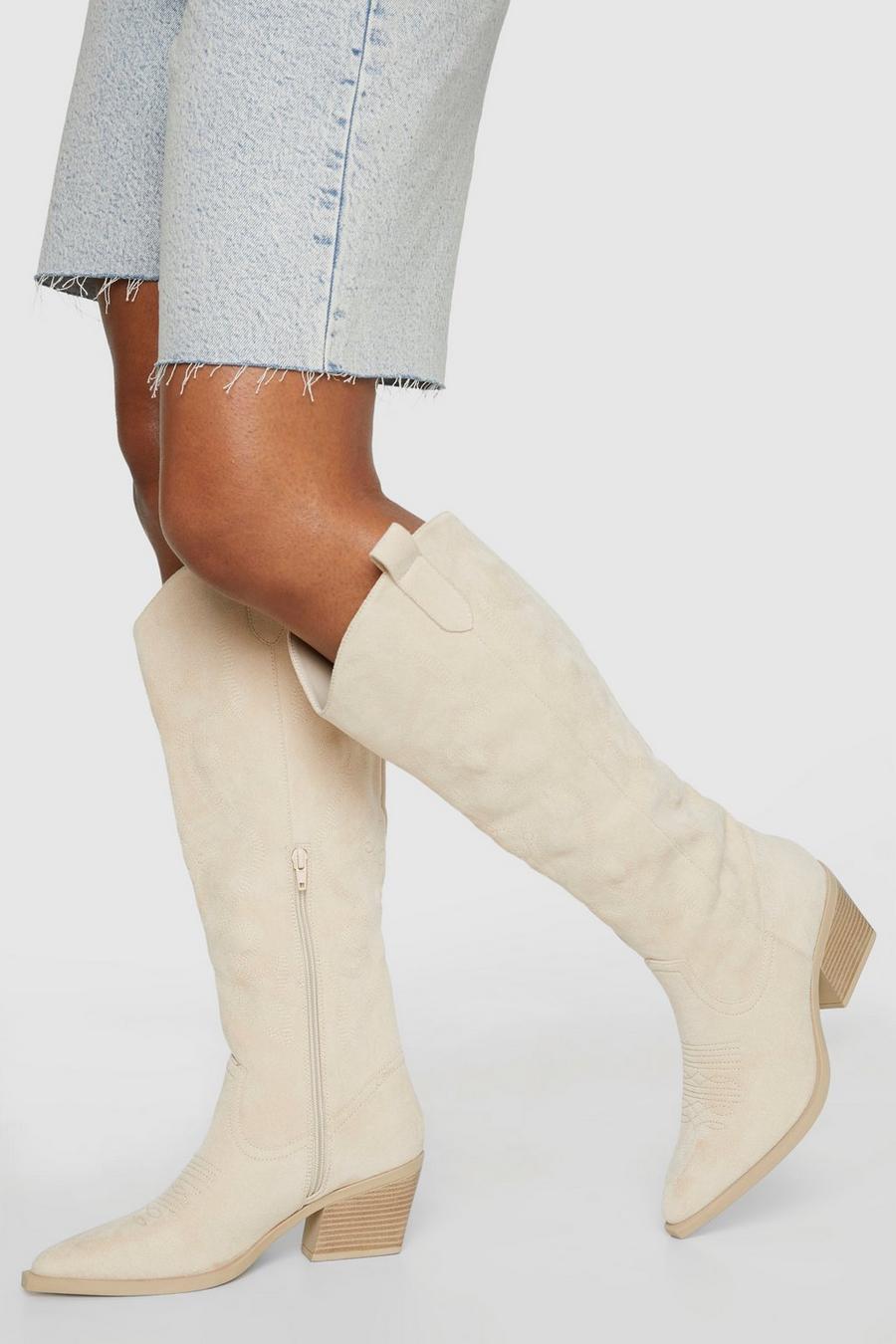 Beige Low Heel Embroidered Knee High Western Cowboy Boots image number 1