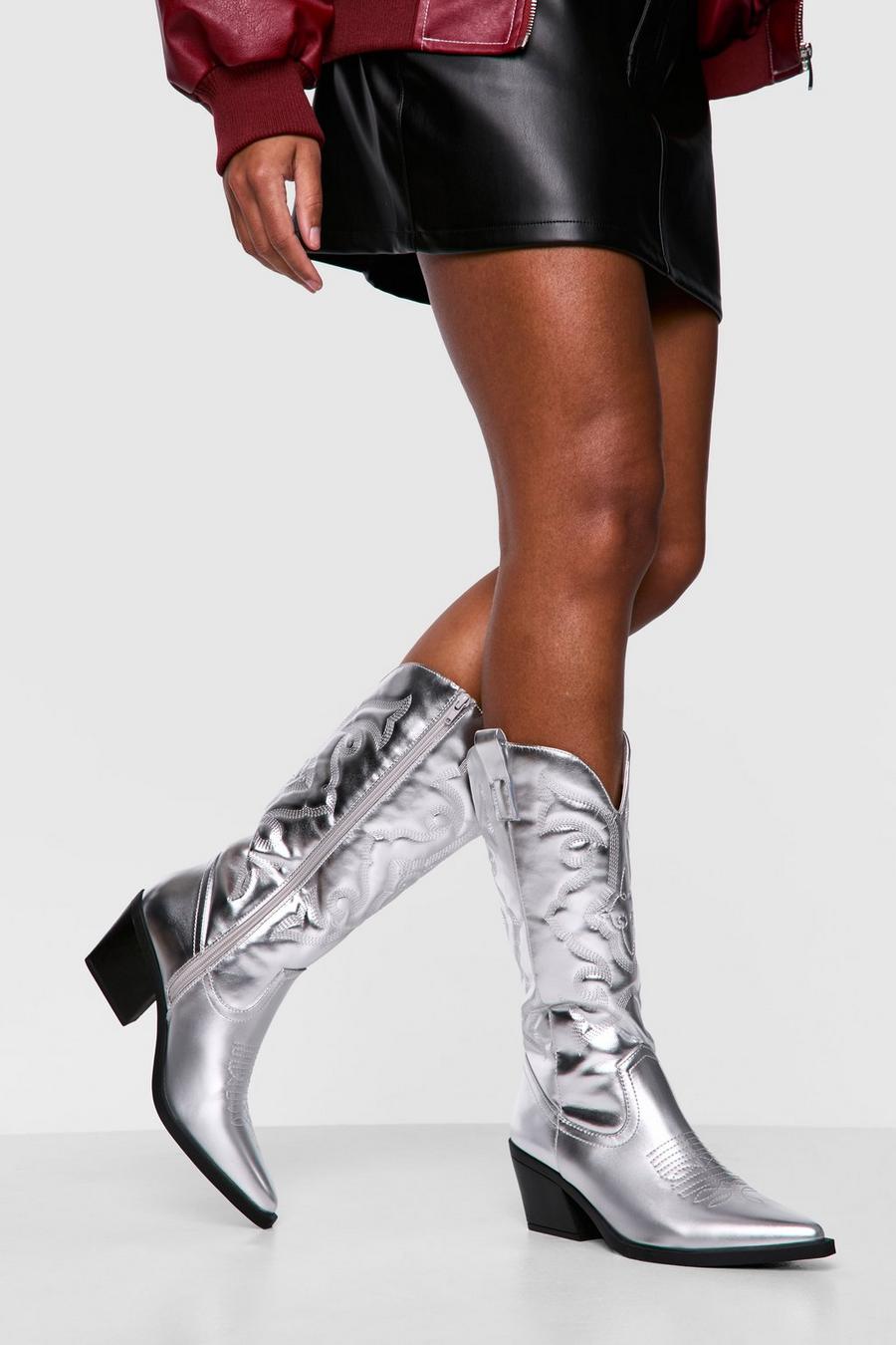 Silver Metallic Embroidered Pu Western Cowboy Boots