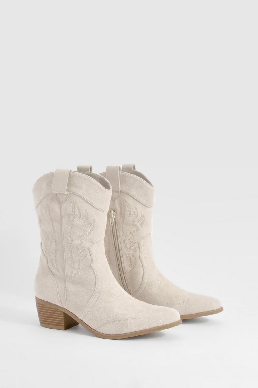 Light beige Embroidered Western Ankle Cowboy Boots