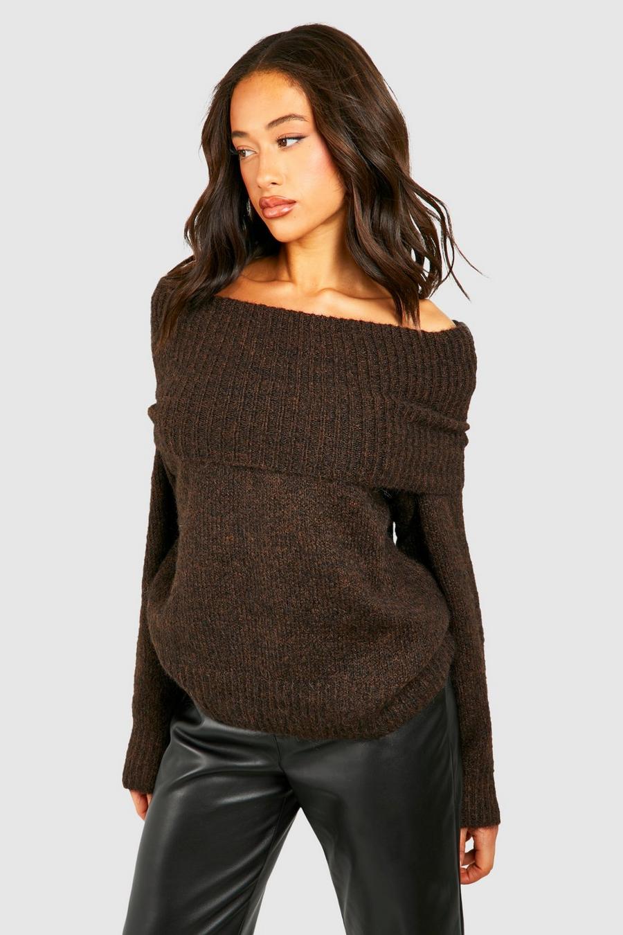 Brown Premium Soft Knit Bardot Oversized Jumper image number 1