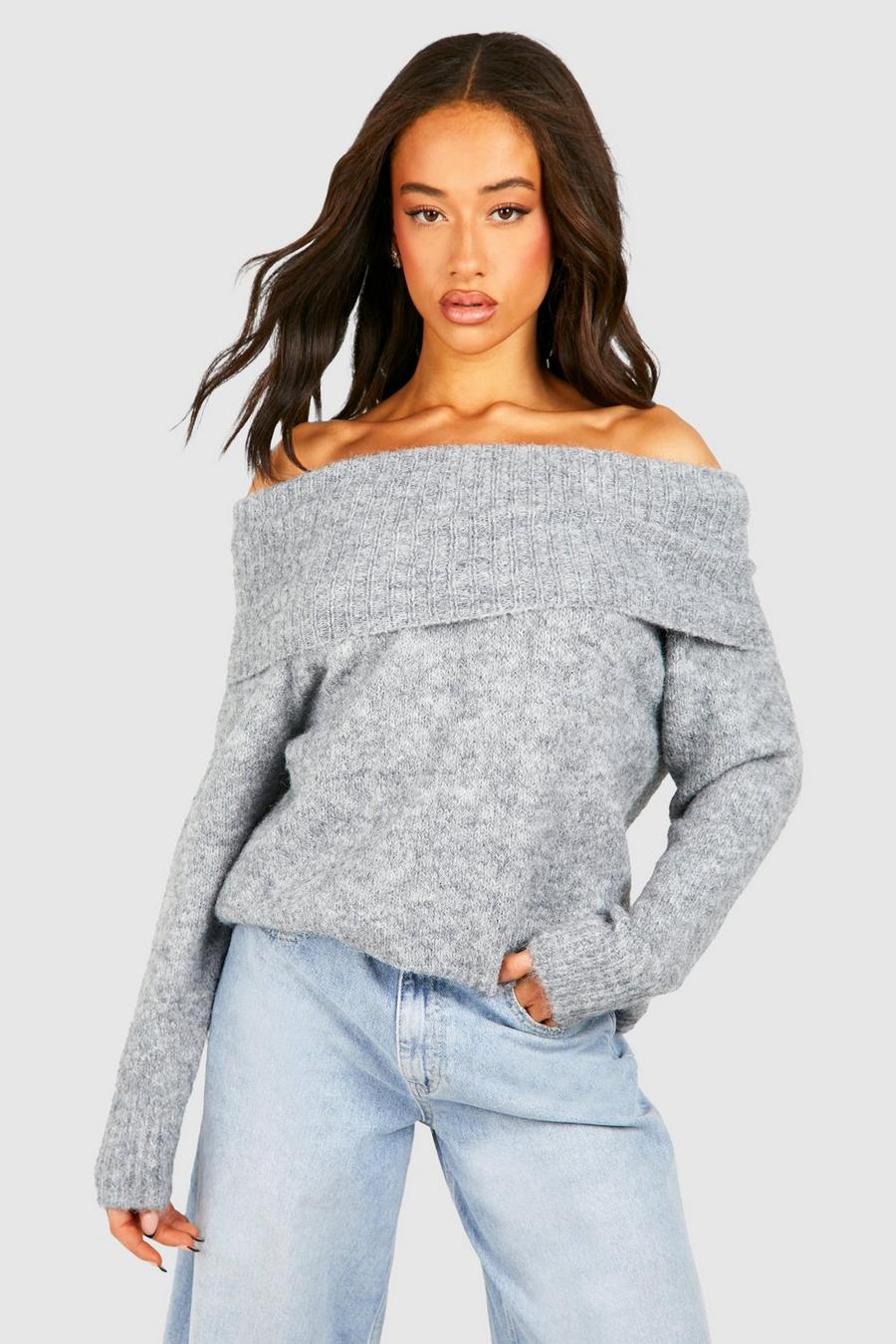 Grey Premium Soft Knit Off The Shoulder Oversized Sweater