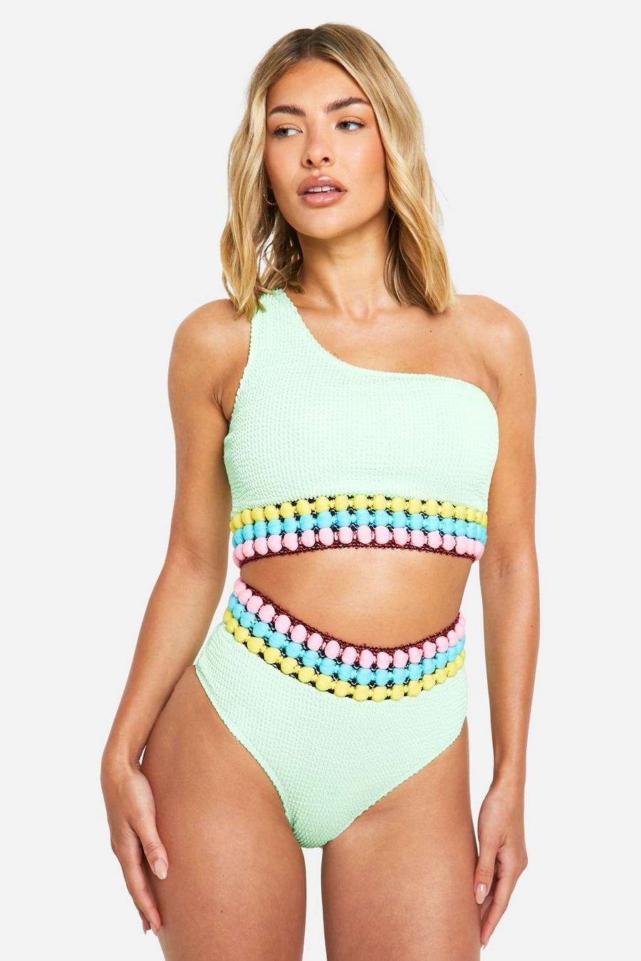 Neon-green Pom Pom Tape Crinkle One Shoulder Bikini Set