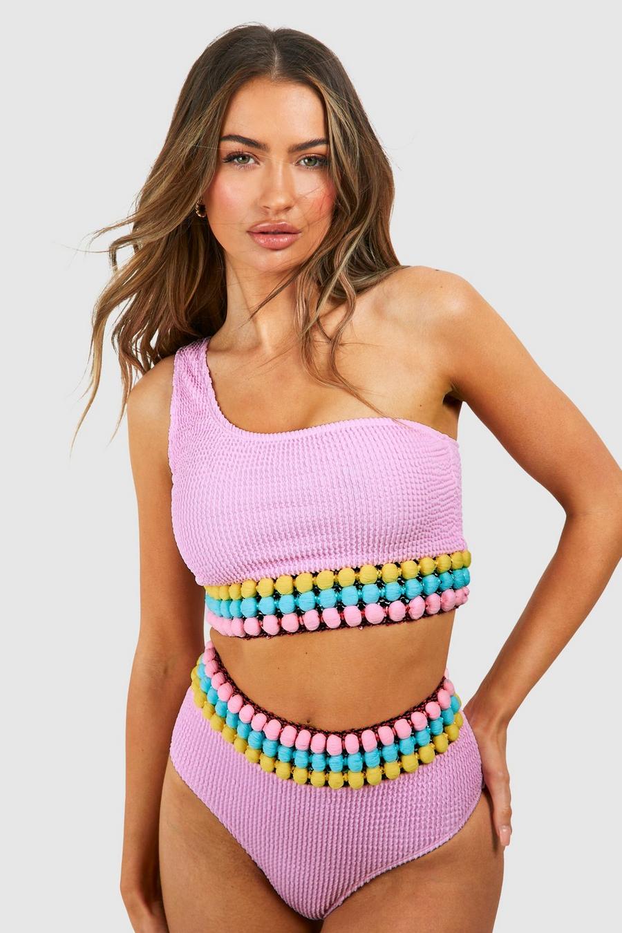 Pom Pom Tape Crinkle One Shoulder Bikini Set