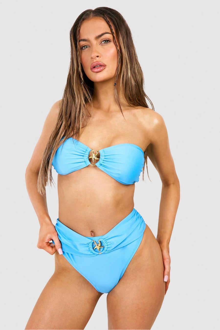 Slip bikini a vita alta rifinito con stelle marine, Blue image number 1