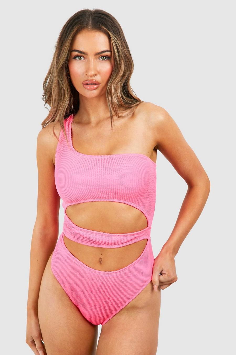 Bright pink Crinkle Cut Out One Shoulder Swimsuit image number 1