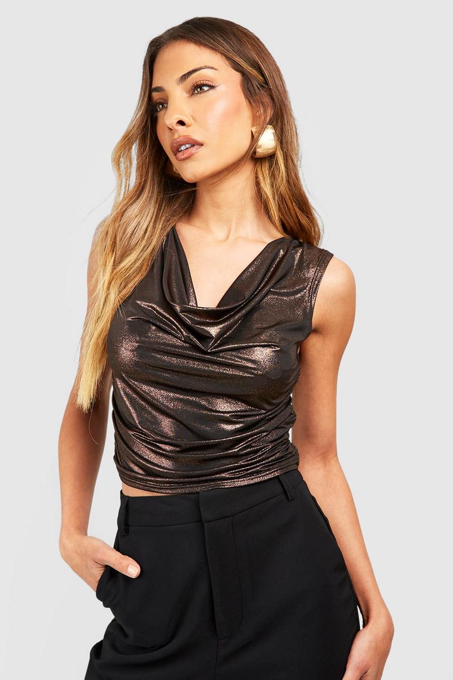 Bronze Metallic Top Met Waterval Hals