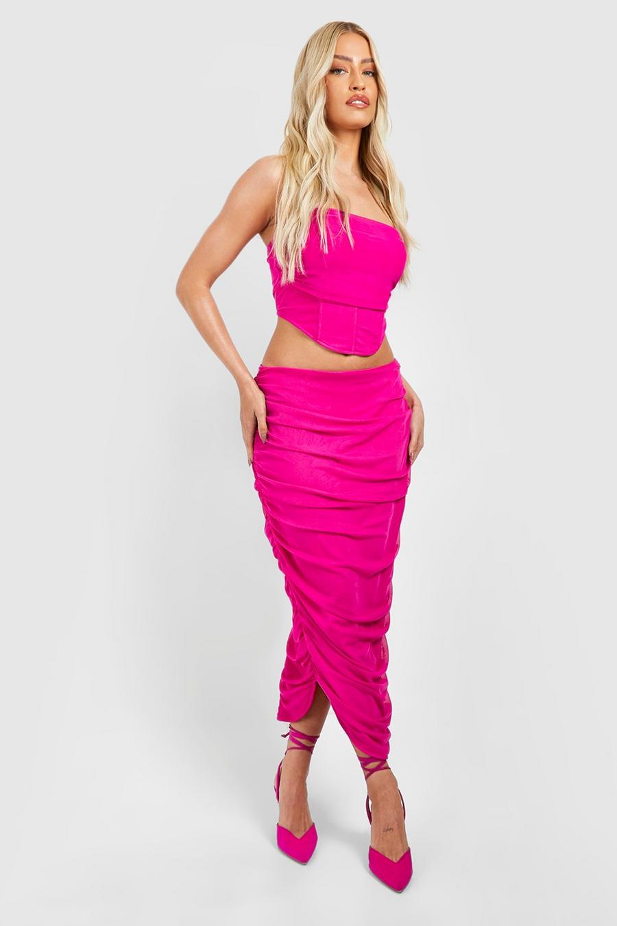 Magenta Ruched Side Mesh Midaxi Skirt