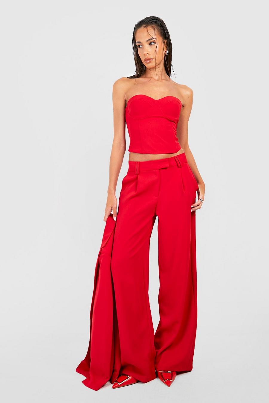 Red Tailored Pleat Front Straight Leg Pants