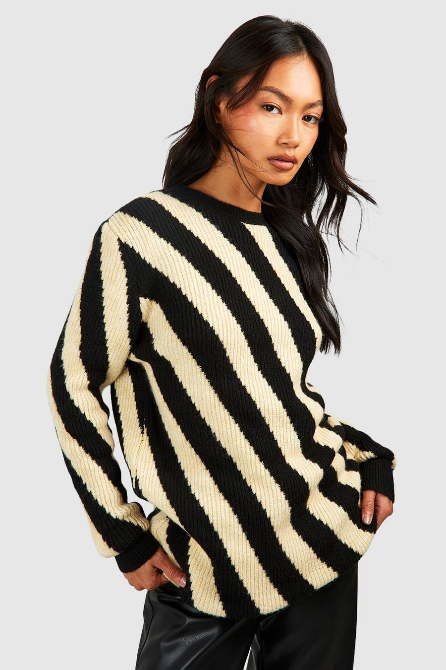 Black Diagonal Stripe Oversized Knitted Jumper image number 1