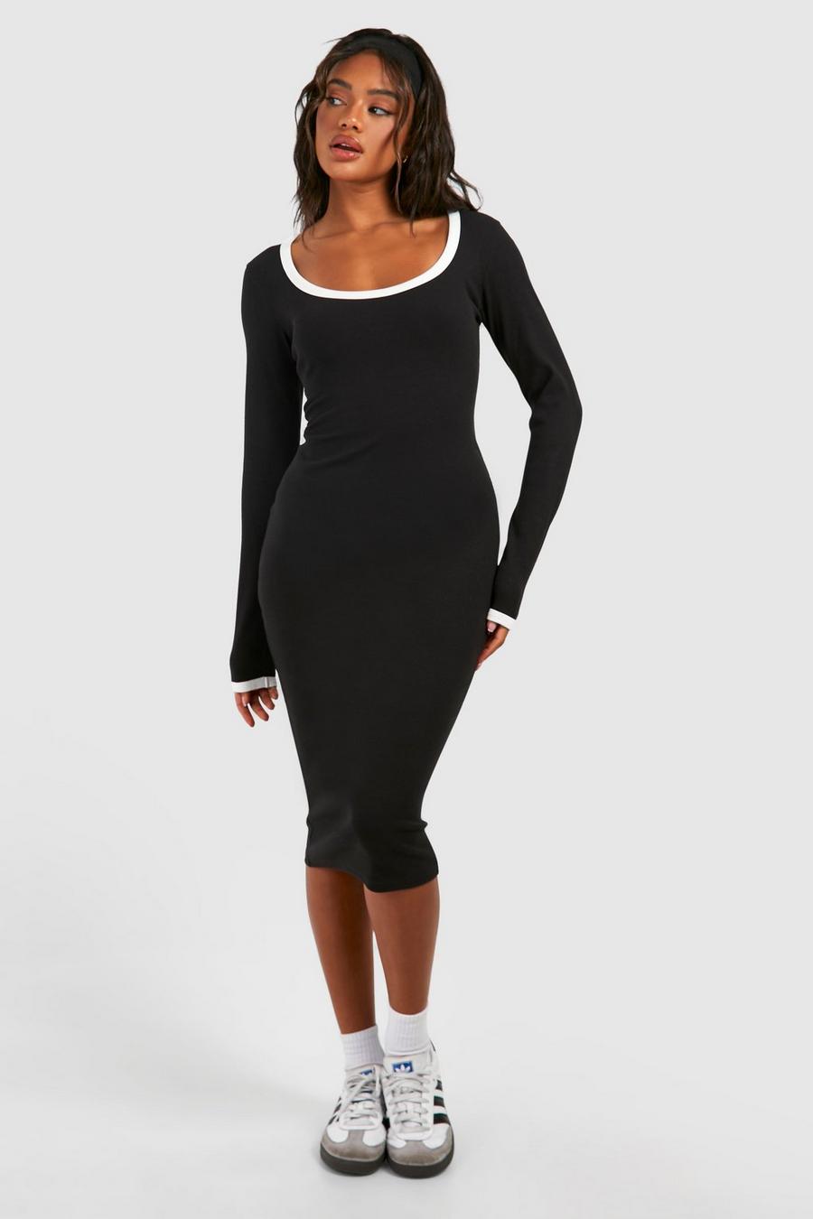 Black Premium Contrast Binding Long Sleeve Midi Dress