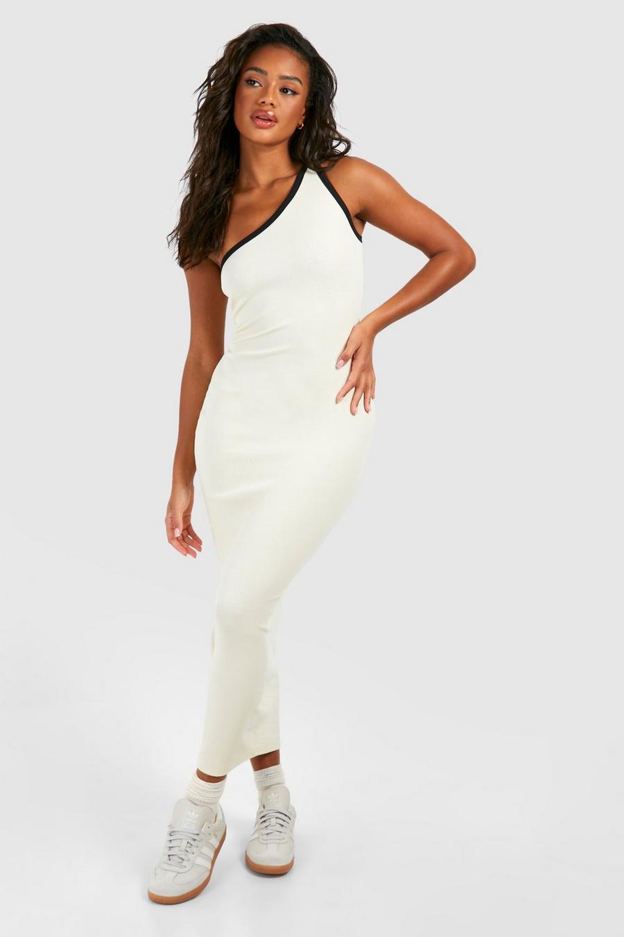 Cream Premium Contrast Binding One Shoulder Midaxi Dress
