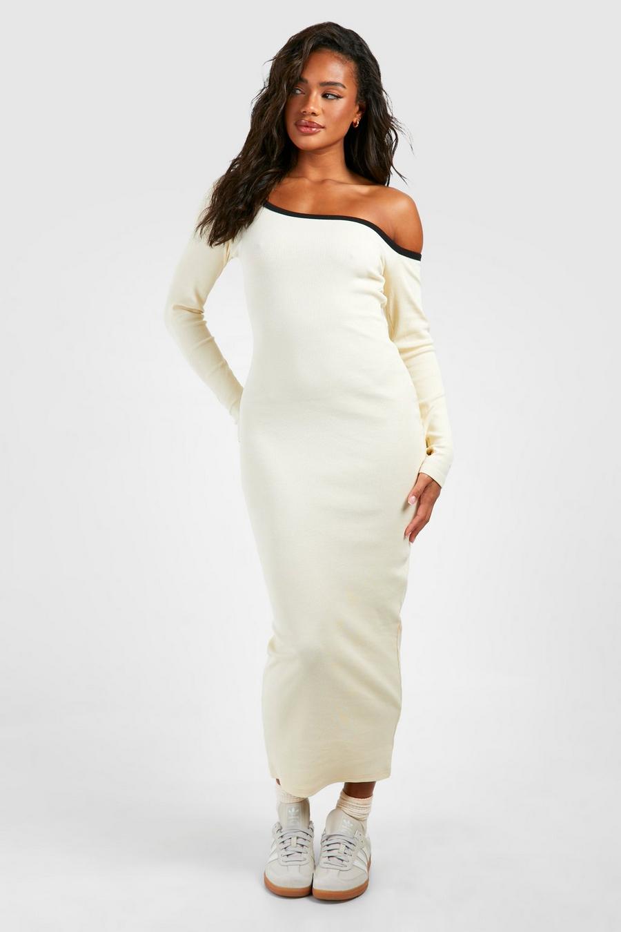 Cream Contrast Binding Assymetric Midi Dress
